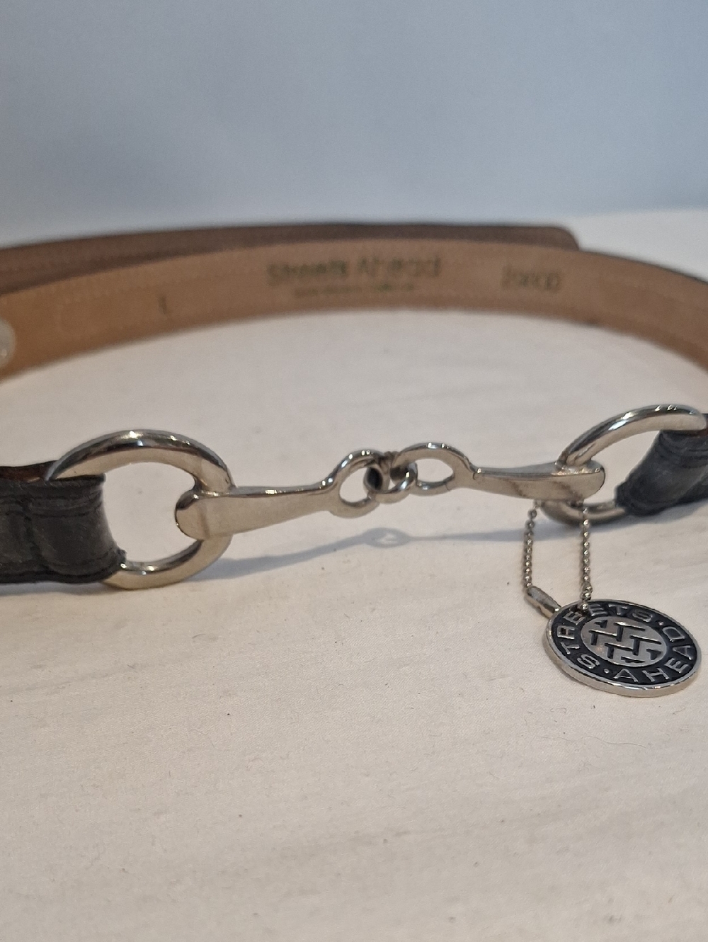 Streets Ahead Silvertone Horse Bit Croc Embossed Black Leather Belt